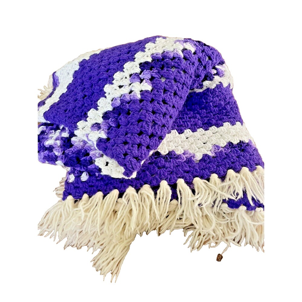 Handmade Crochet Blanket White and Purple Wool Blend Boho Cottage Square 60" - Picture 3 of 5